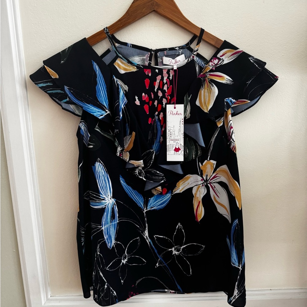Parker Ruffled Flutter Sleeve Blouse in Blue and Tan